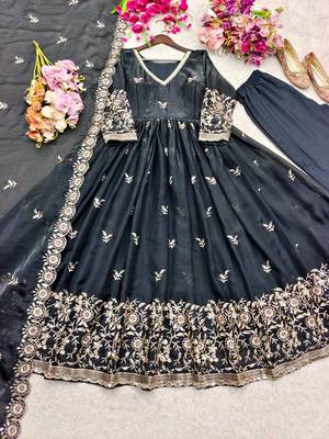 black color embroidery sequin work satin silk blend gown set 2