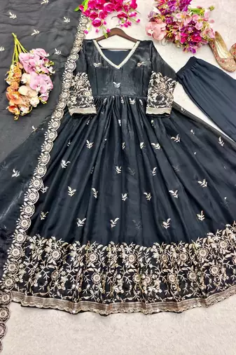 black color embroidery sequin work satin silk blend gown set