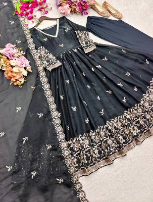 black color embroidery sequin work satin silk blend gown set 3