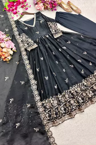 black color embroidery sequin work satin silk blend gown set