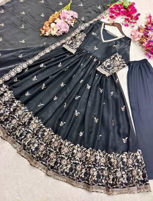 black color embroidery sequin work satin silk blend gown set 4