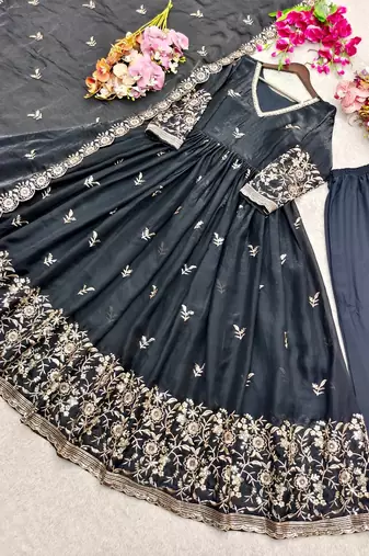 black color embroidery sequin work satin silk blend gown set