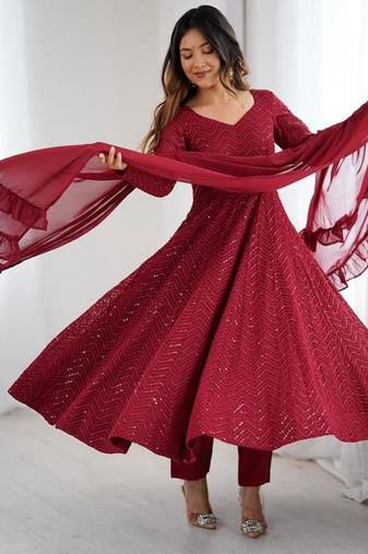  embroidery georgette flared anarkali pant and dupatta set