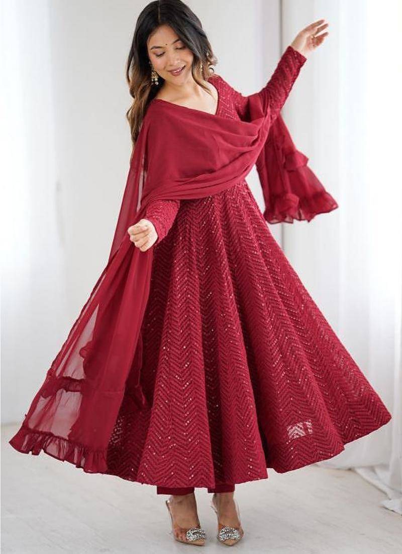  embroidery georgette flared anarkali pant and dupatta set