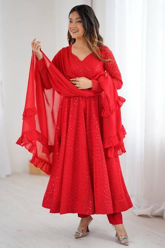  embroidery georgette flared anarkali pant and dupatta set