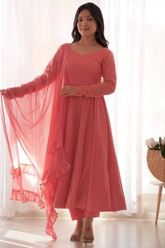  embroidery georgette flared anarkali pant and dupatta set
