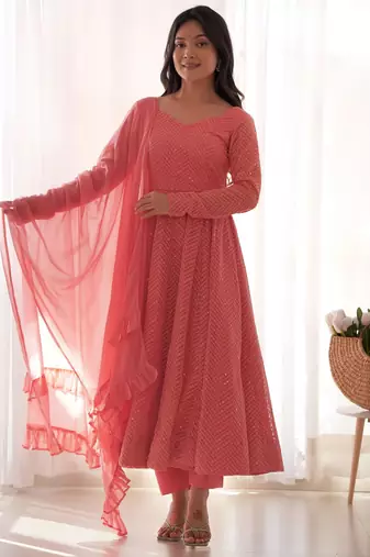  embroidery georgette flared anarkali pant and dupatta set