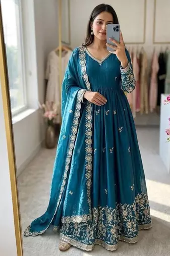 teal color embroidery sequin work satin silk blend gown set