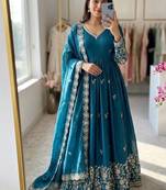 teal color embroidery sequin work satin silk blend gown set