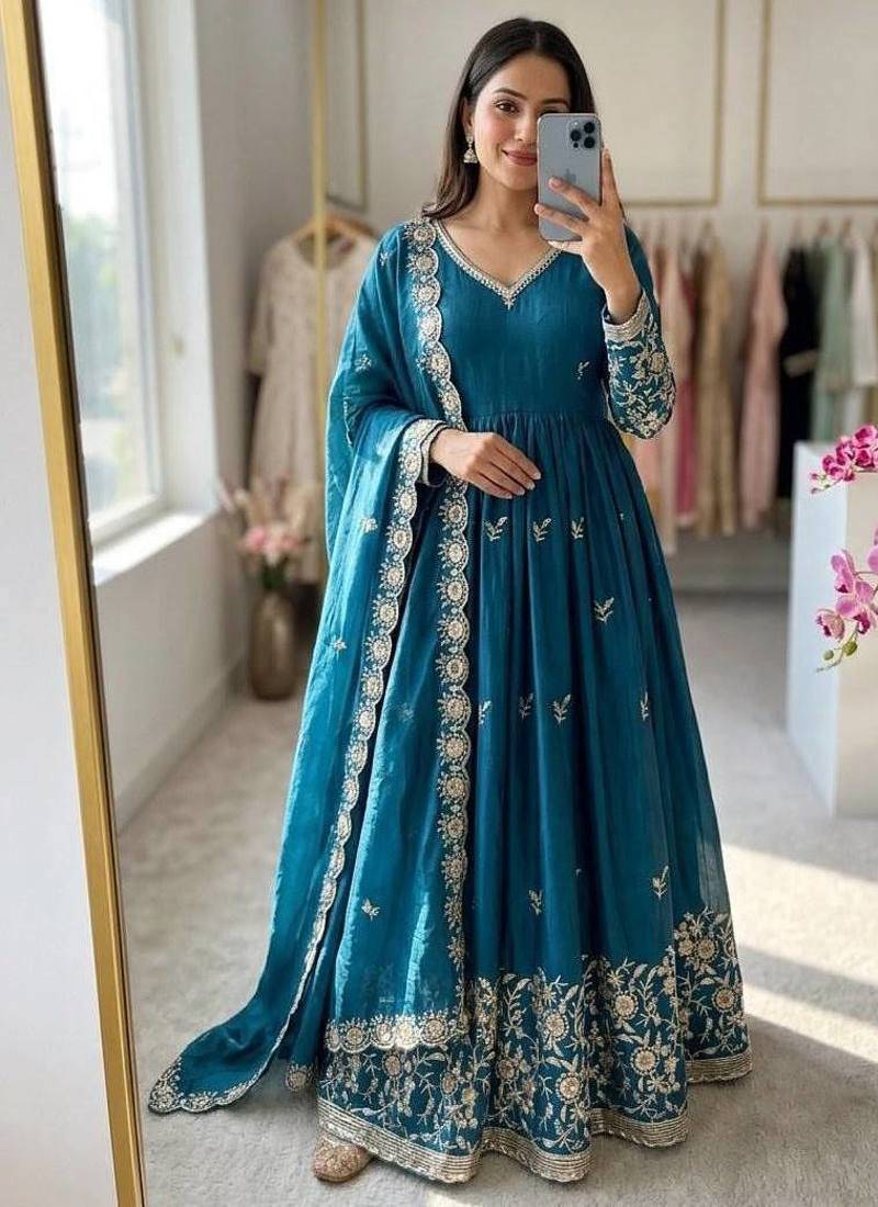 teal color embroidery sequin work satin silk blend gown set