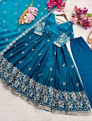 teal color embroidery sequin work satin silk blend gown set 2