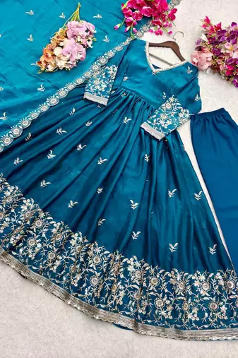teal color embroidery sequin work satin silk blend gown set