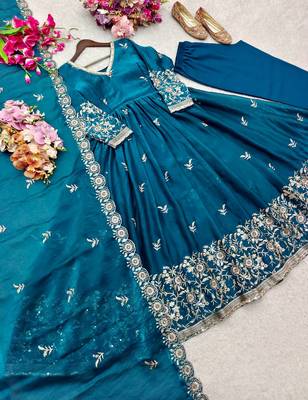 teal color embroidery sequin work satin silk blend gown set 3