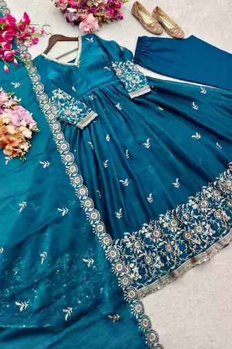 teal color embroidery sequin work satin silk blend gown set