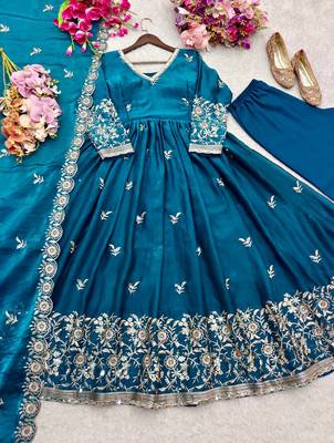 teal color embroidery sequin work satin silk blend gown set 4
