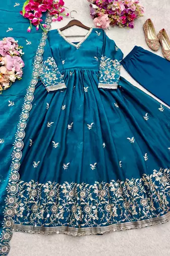 teal color embroidery sequin work satin silk blend gown set