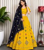 Yellow Embroidery Work Roman silk blend Navratri Lehenga Choli With Full Stitch Blouse And Dupatta-free size