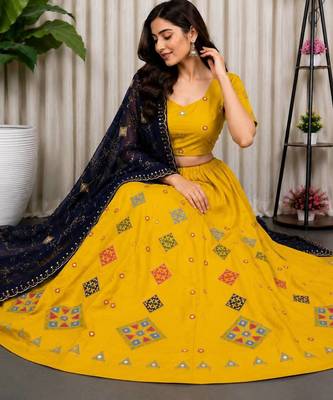 Yellow Embroidery Work Roman silk blend Navratri Lehenga Choli With Full Stitch Blouse And Dupatta-free size 2
