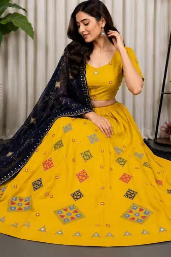Yellow Embroidery Work Roman silk blend Navratri Lehenga Choli With Full Stitch Blouse And Dupatta-free size