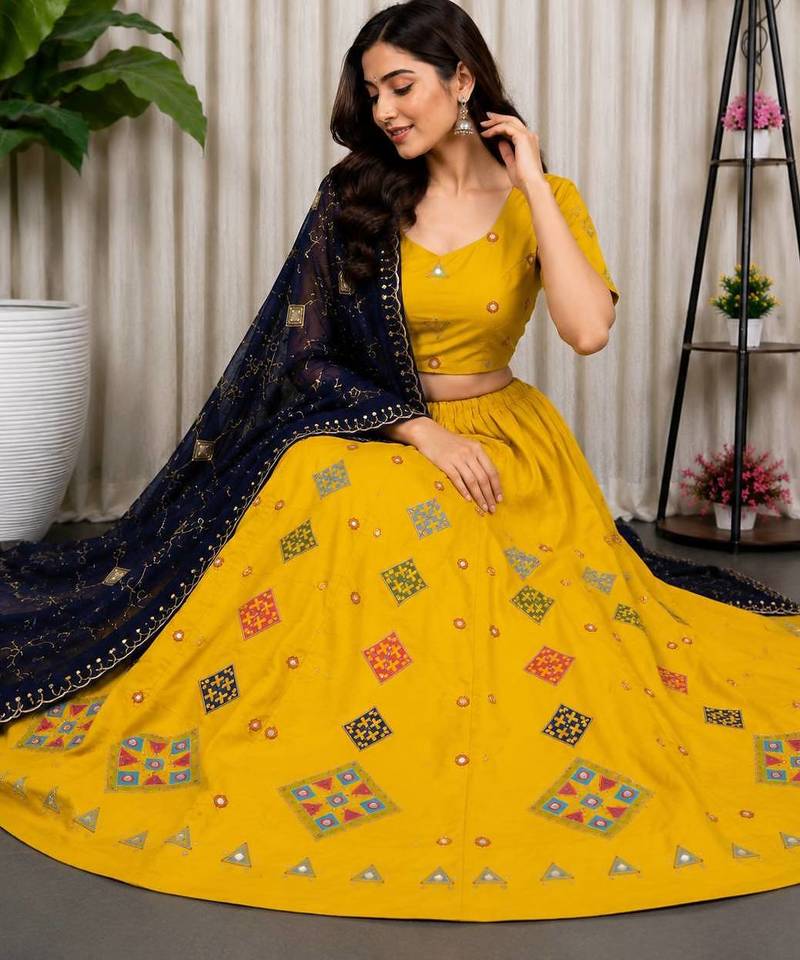 Yellow Embroidery Work Roman silk blend Navratri Lehenga Choli With Full Stitch Blouse And Dupatta-free size