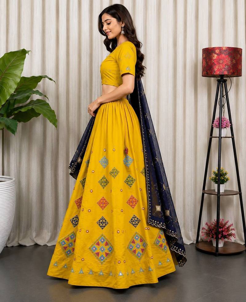 Yellow Embroidery Work Roman silk blend Navratri Lehenga Choli With Full Stitch Blouse And Dupatta-free size