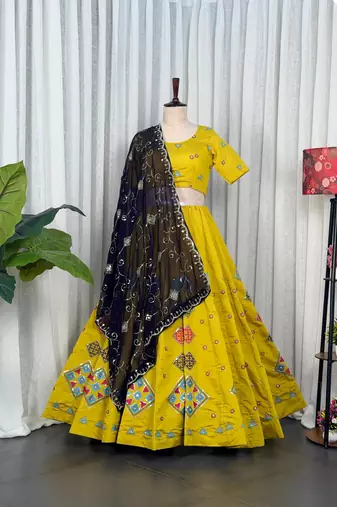 Yellow Embroidery Work Roman silk blend Navratri Lehenga Choli With Full Stitch Blouse And Dupatta-free size