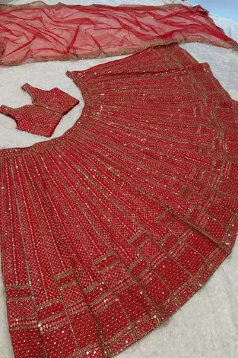 Red Malai Satin Lehenga Choli