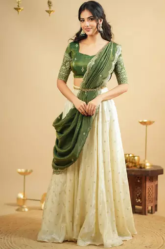 Green Shimmer silk blend Lehenga Choli