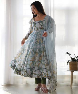  printed organza silk blend flared anarkali pant and dupatta set 1