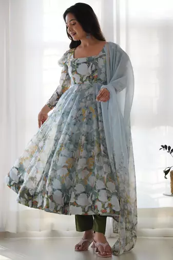  printed organza silk blend flared anarkali pant and dupatta set