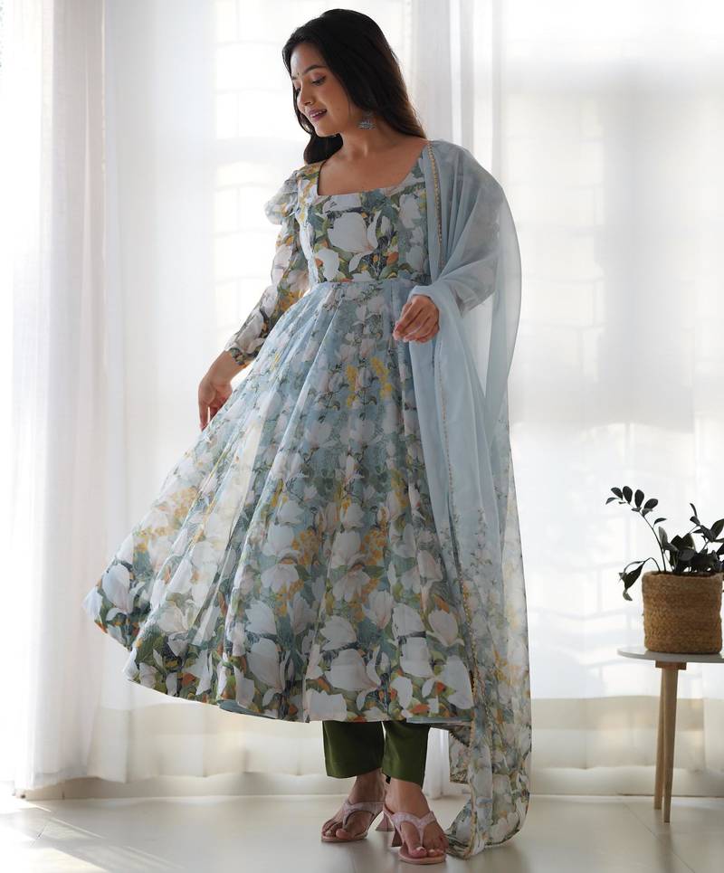  printed organza silk blend flared anarkali pant and dupatta set