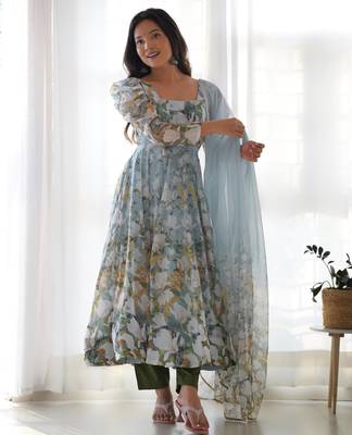  printed organza silk blend flared anarkali pant and dupatta set 2
