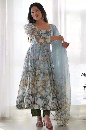  printed organza silk blend flared anarkali pant and dupatta set