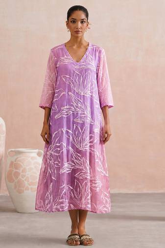Lavender pink ombre embroidered mul chanderi dress