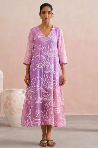 Lavender pink ombre embroidered mul chanderi dress