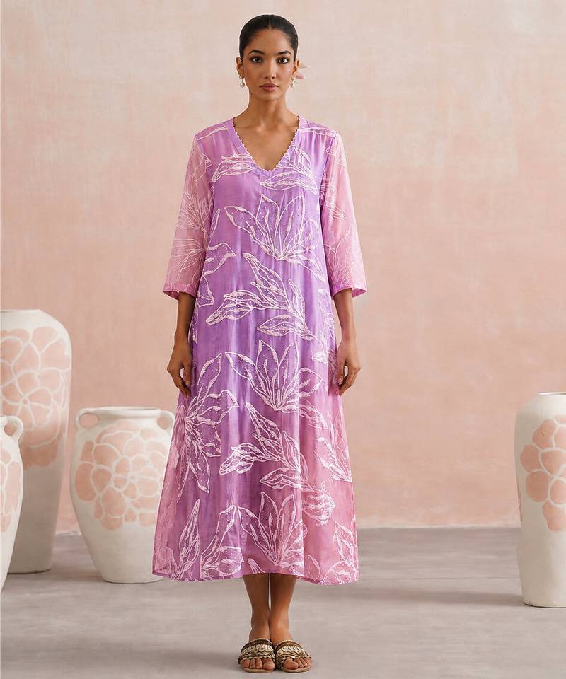 Lavender pink ombre embroidered mul chanderi dress