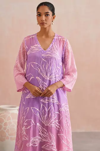 Lavender pink ombre embroidered mul chanderi dress