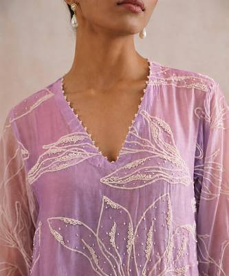 Lavender pink ombre embroidered mul chanderi dress 3