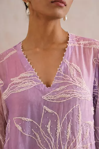 Lavender pink ombre embroidered mul chanderi dress