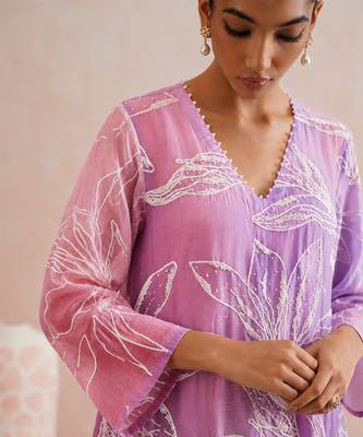 Lavender pink ombre embroidered mul chanderi dress 4