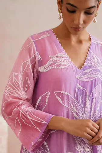 Lavender pink ombre embroidered mul chanderi dress