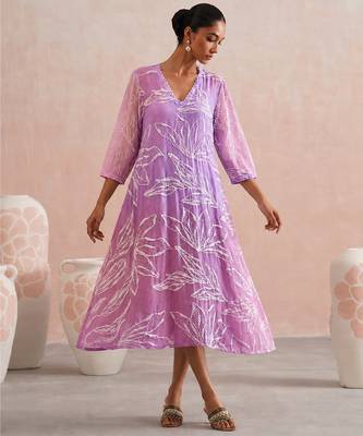 Lavender pink ombre embroidered mul chanderi dress 5