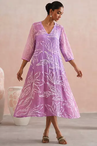 Lavender pink ombre embroidered mul chanderi dress