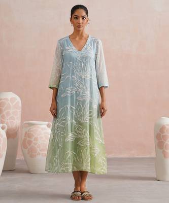 Blue green ombre embroidered mul chanderi dress 1