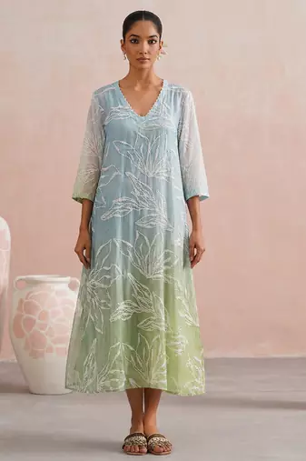 Blue green ombre embroidered mul chanderi dress