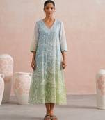 Blue green ombre embroidered mul chanderi dress