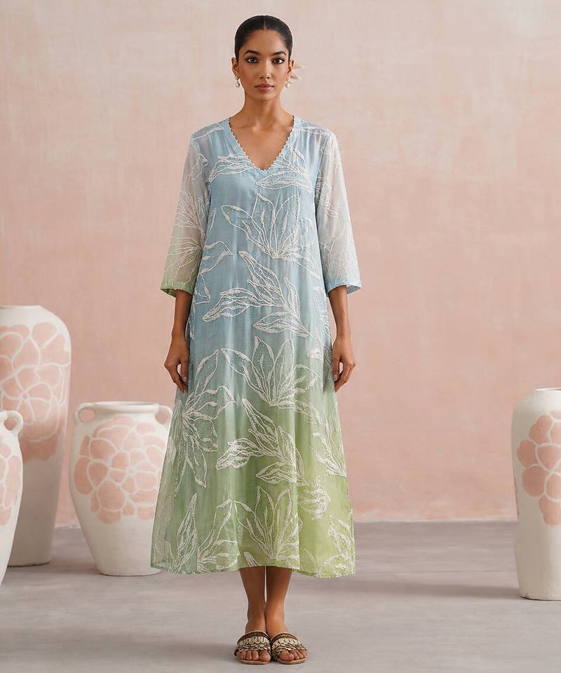 Blue green ombre embroidered mul chanderi dress