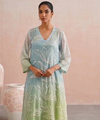 Blue green ombre embroidered mul chanderi dress 2