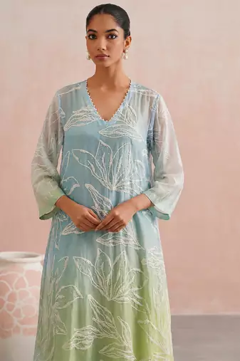 Blue green ombre embroidered mul chanderi dress