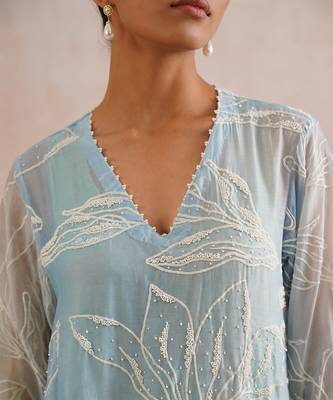 Blue green ombre embroidered mul chanderi dress 3